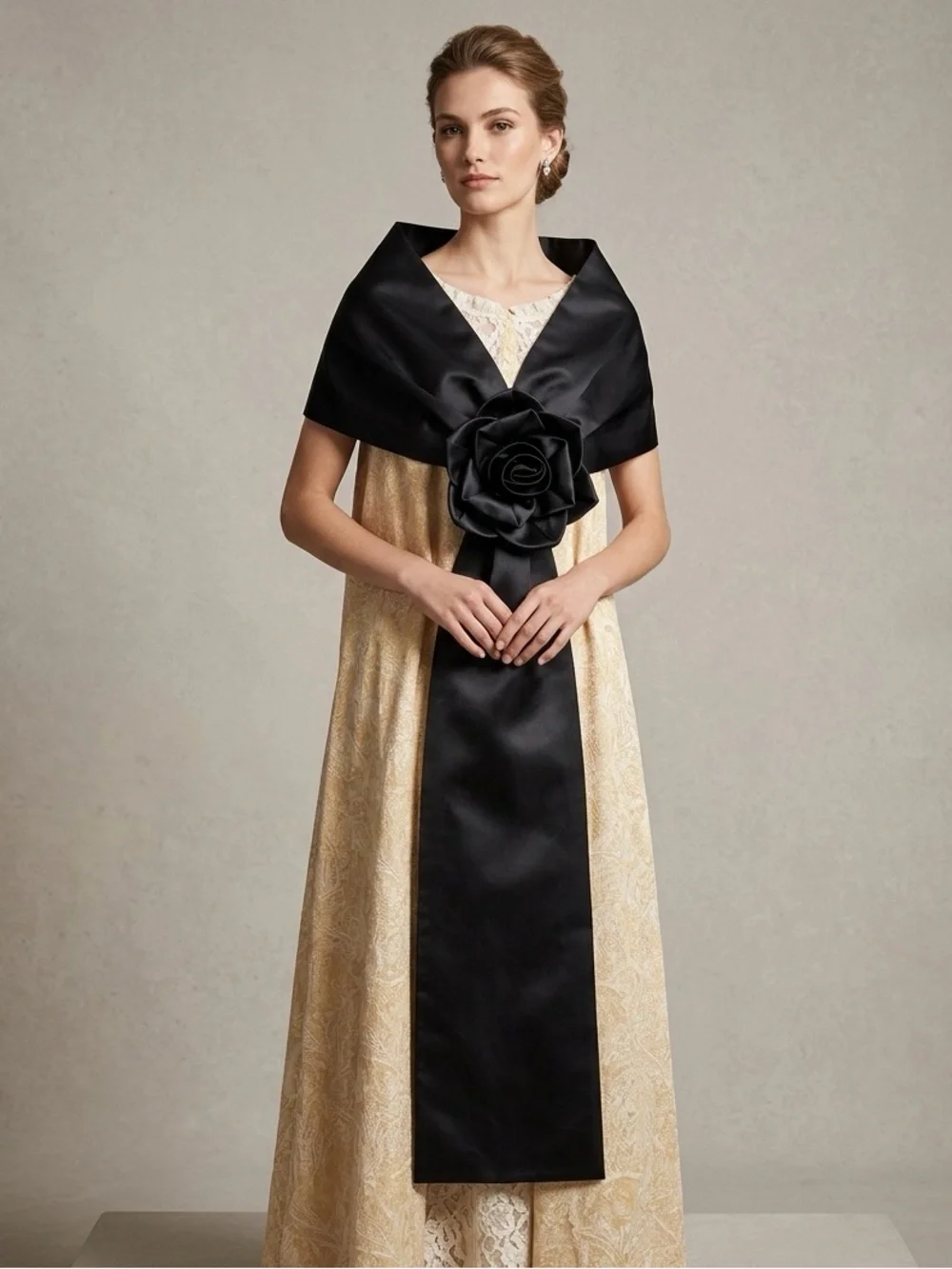 Luisa Spagnoli Black Satin Shawl with Rose Accent